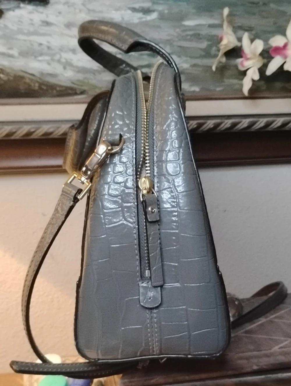 kate spade Croc-Embossed Satchel in Dark Brown with Gold Hardware